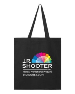 A Black tote with the J.R. Shooter Inc. logo. Printing on bags now made possible in full colour. still not as easy on paper bags