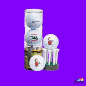 A sleeve of logoed golf ballas & tees