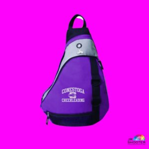 A purple branded one shoulder promotional backpack